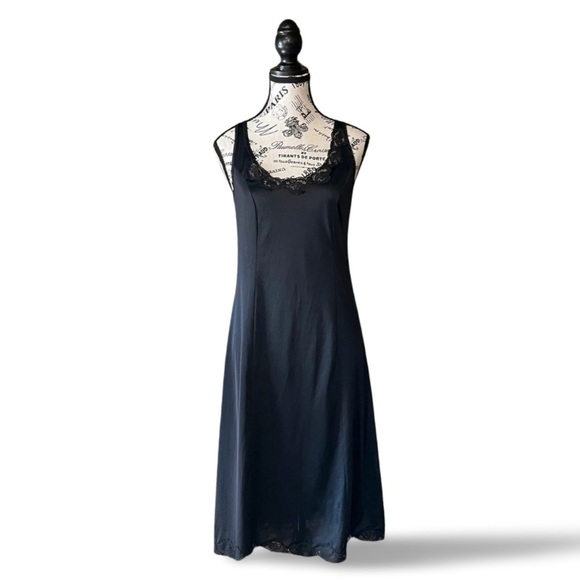 Vintage 80s 90s black satin lace midi slip dress M - Picture 1 of 5